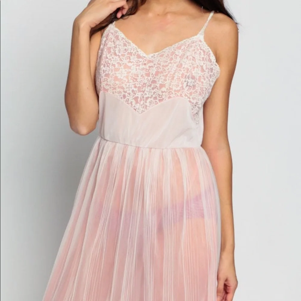 Pink Lingerie SHEER Nightgown 70s Lace Slip Dress Maxi PLEATED Vintage Medium